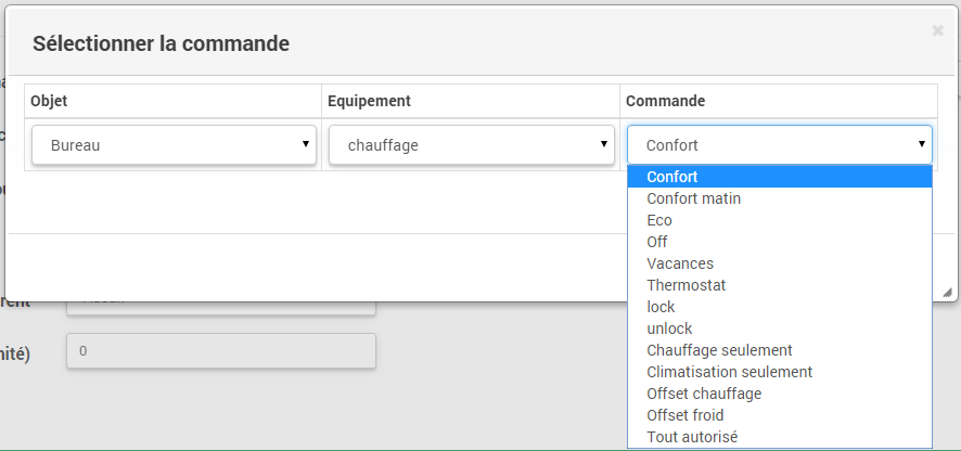 Liste des commandes dans les scénarios