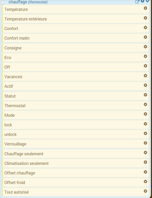 Liste des commandes dans le résumé domotique