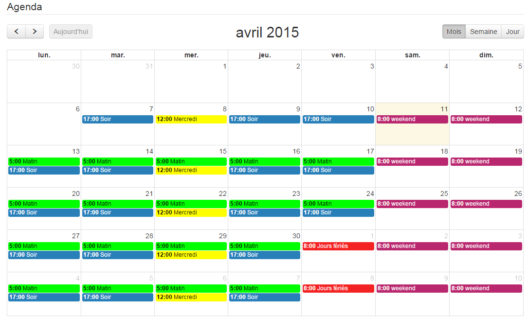 affichage mensuel de l'agenda